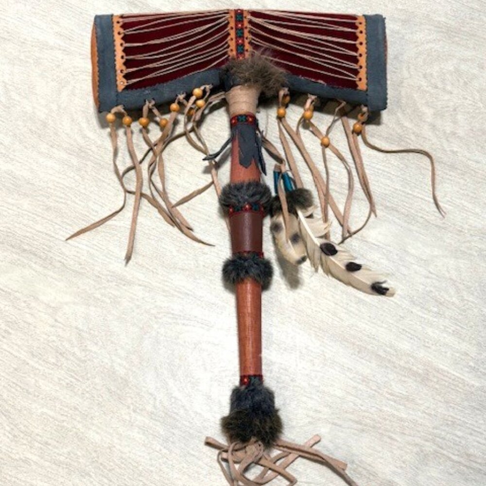Native American leather, fur, feather and bead rattle. - READ COMMENTS
